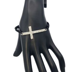 5/10 Adjustable Black Braided  Rhinestone Cross Bracelet